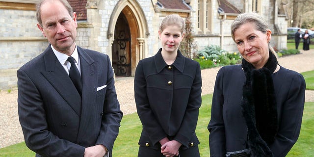 Prince Edward, Earl of Wessex and Sophie, Countess of Wessex with their daughter Lady Louise Windsor, during a television interview at the Royal Chapel of All Saints, Windsor, following the announcement on Friday April 9th of the death of Prince Philip, Duke of Edinburgh, at the age of 99, on April 11, 2021 in Windsor, England. 