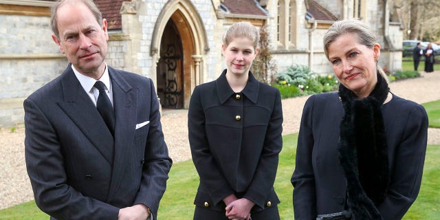 Prince Edward, Earl of Wessex and Sophie, Countess of Wessex with their daughter Lady Louise Windsor, during a television interview at the Royal Chapel of All Saints, Windsor, following the announcement on Friday April 9th of the death of Prince Philip, Duke of Edinburgh, at the age of 99, on April 11, 2021 in Windsor, England.