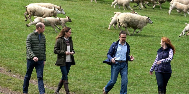 Prince William, Duke of Cambridge and Catherine, Duchess of Cambridge walk with farmer Stewart Chapman and his wife Clare Wise during their visit to Manor Farm in Little Stainton, Durham on April 27, 2021, in Darlington, England.