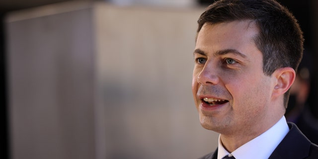 U.S. Secretary of Transportation Pete Buttigieg speaks to Amtrak employees during a visit at Union Station February 5, 2021 in Washington, DC. 