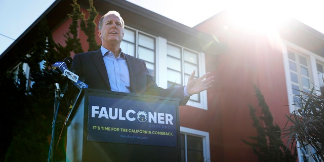 Former San Diego Mayor and Republican candidate for California governor Kevin Faulconer speaks during a news conference in front of Abraham Lincoln High School on February 17, 2021, in San Francisco. (Photo by Justin Sullivan/Getty Images)