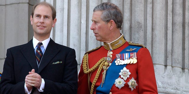 After press reports of a rift between the brothers Prince Charles, Colonel, Welsh Guards, and his brother Prince Edward, Earl Of Wessex talking on the balcony of Buckingham Palace. 
