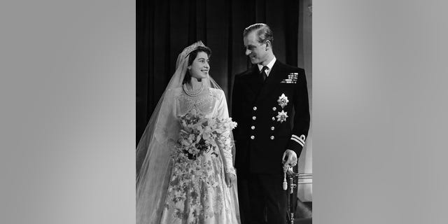 Princess Elizabeth, later Queen Elizabeth II with her husband Phillip, Duke of Edinburgh, on their wedding day, 20th November 1947.