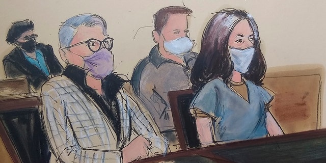 In this courtroom sketch, Ghislaine Maxwell, far right, appears in Manhattan Federal court seated next to her attorney Bobbi C. Sternheim, second from left, along with her sister Isabel Maxwell, far left, during her arraignment on a superseding indictment, Friday, April 23, 2021, in New York. (AP Photo/Elizabeth Williams)