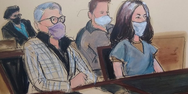In this courtroom sketch, Ghislaine Maxwell, far right, appears in Manhattan Federal court seated next to her attorney Bobbi C. Sternheim, second from left, along with her sister Isabel Maxwell, far left, during her arraignment on a superseding indictment, Friday, April 23, 2021, in New York. (AP Photo/Elizabeth Williams)
