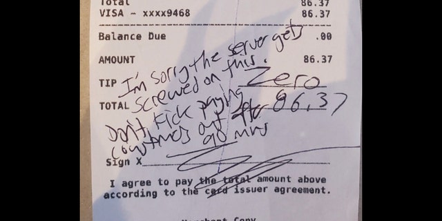 A customer at Glenbrook Brewery in Morristown, N.J. left this note and refused to tip because the restaurant has a 90-minute time limit on indoor dining because of state COVID-19 regulations.