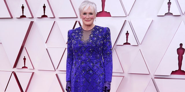 Glenn Close arrives at the Oscars on Sunday, April 25, 2021, at Union Station in Los Angeles.