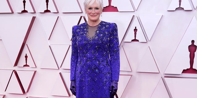 Glenn Close arrives at the Oscars on Sunday, April 25, 2021, at Union Station in Los Angeles.