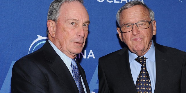 NEW YORK, NY - APRIL 01:  Former Mayor of New York City Michael Bloomberg (L) and philanthropist Hansjorg Wyss attend Oceana's 2015 New York City benefit at Four Seasons Restaurant on April 1, 2015 in New York City.  (Photo by Craig Barritt/Getty Images for Oceana)