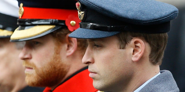 FILE - In this Sunday Nov. 8, 2015 file photo, Britain's Prince William, right, and Prince Harry attend the Remembrance Sunday ceremony at the Cenotaph in London.  (AP Photo/Kirsty Wigglesworth, File)