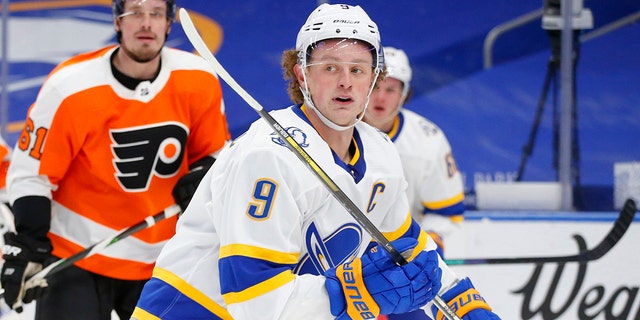 FILE - Buffalo Sabres forward Jack Eichel (9) is shown during the second period of an NHL hockey game against the Philadelphia Flyers in Buffalo, N.Y., in this Sunday, Feb. 28, 2021, file photo.