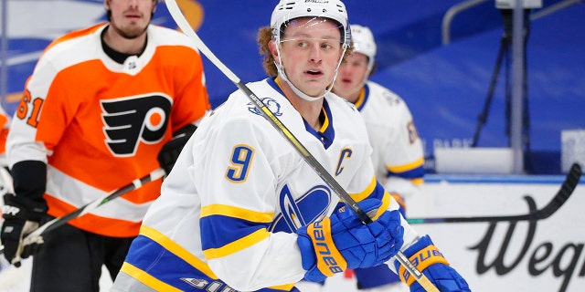 FILE - Buffalo Sabres forward Jack Eichel (9) is shown during the second period of an NHL hockey game against the Philadelphia Flyers in Buffalo, N.Y., in this Sunday, Feb. 28, 2021, file photo.
