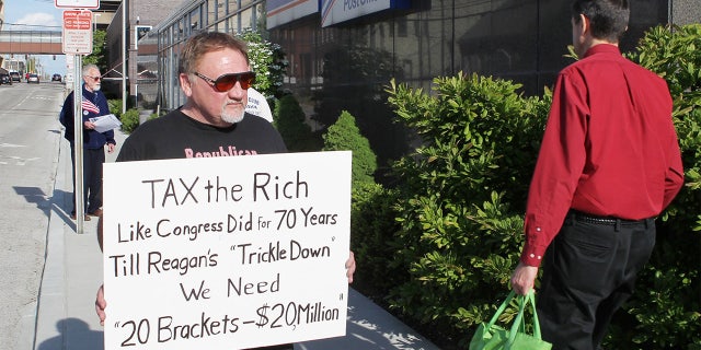 This 2012 file photo shows James Hodgkinson protesting outside the U.S. Post Office in Belleville, Illinois. Hodgkinson attempted a mass assassination of Republican members of Congress in 2017.