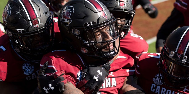 FILE - South Carolina defensive back Jaycee Horn (1) celebrates his second interception during the second half of an NCAA college football game against Auburn in Columbia, S.C., in this Saturday, Oct. 17, 2020, file photo. Horn is a possible pick in the NFL Draft, April 29-May 1, 2021, in Cleveland. (AP Photo/Sean Rayford, File)