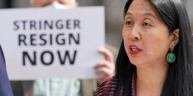 Jean Kim speaks to reporters during a news conference, Wednesday, April 28, 2021, in New York. Kim, who once worked as an unpaid intern for City Comptroller Scott Stringer, a contender to become New York City's next mayor, accused him Wednesday of groping her without consent. Stringer denied the allegations. (AP Photo/Mary Altaffer)