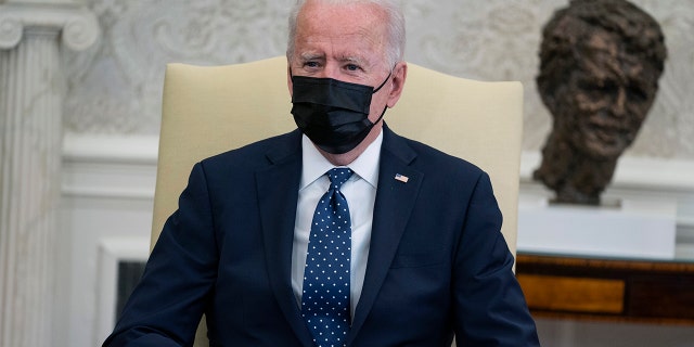 President Biden speaks during a meeting with members of the Congressional Hispanic Caucus, in the Oval Office of the White House, Tuesday, April 20, 2021, in Washington. (AP Photo/Evan Vucci)