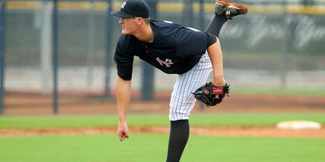 07 JUL 2014: Ty Hensley, the 2013 first round pick of the Yankees, in action during the Gulf Coast League game between the Gulf Coast League Pirates and the Gulf Coast League Yankees 1 at the Yankees Minor League Complex in Tampa, Florida. (Photo by Cliff Welch/Icon SMI/Corbis/Icon Sportswire via Getty Images)