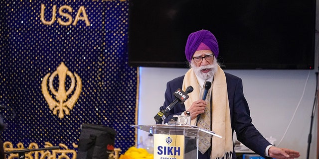 K.P. Singh speaks to members of the Sikh Coalition as they gather at the Sikh Satsang of Indianapolis in Indianapolis, Saturday, April 17, 2021. (Associated Press)