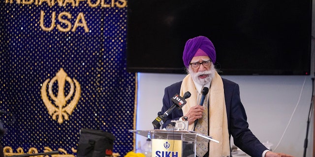 K.P. Singh speaks to members of the Sikh Coalition as they gather at the Sikh Satsang of Indianapolis in Indianapolis, Saturday, April 17, 2021. (Associated Press)