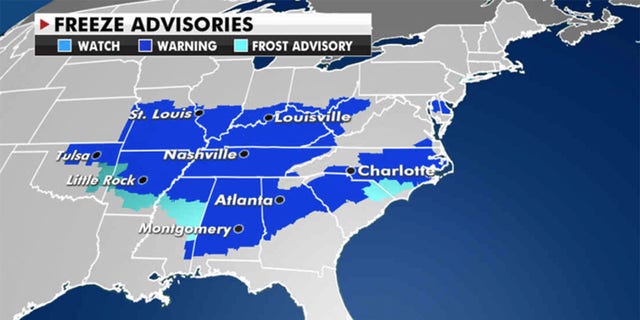 Freeze advisories have been issued across Mississippi, Tennessee and Ohio. (Fox News)