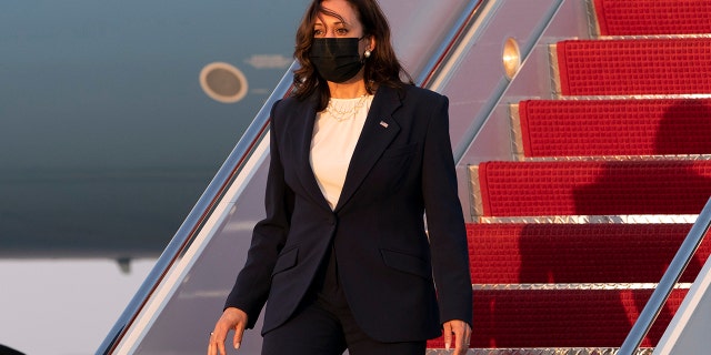 Vice President Kamala Harris exits Air Force Two, Tuesday, April 6, 2021, on arrival at Andrews Air Force Base, Md., as she returns to Washington from Chicago. (AP Photo/Jacquelyn Martin)