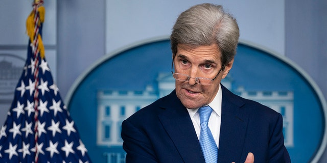 Special Presidential Envoy for Climate John Kerry speaks during a press briefing at the White House, Thursday, April 22, 2021, in Washington. (AP Photo/Evan Vucci)
