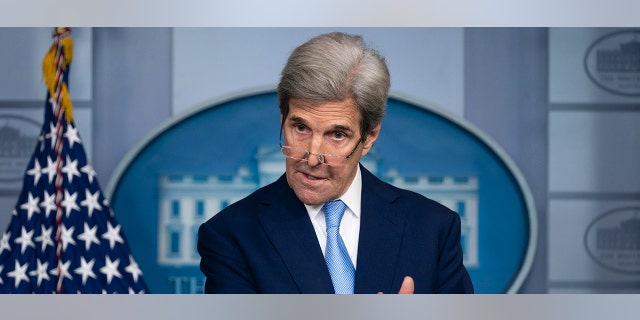 Special Presidential Envoy for Climate John Kerry speaks during a press briefing at the White House, Thursday, April 22, 2021, in Washington. (AP Photo/Evan Vucci)