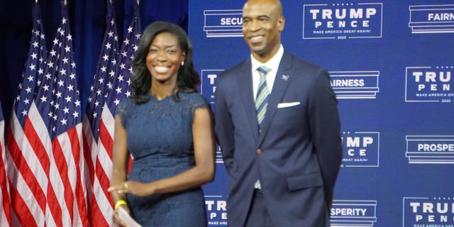 Georgia Republican Senate candidate Kelvin King and his wife, Janelle King, at a Trump campaign event at the Cobb Galleria in suburban Atlanta on Sept. 25, 2020.