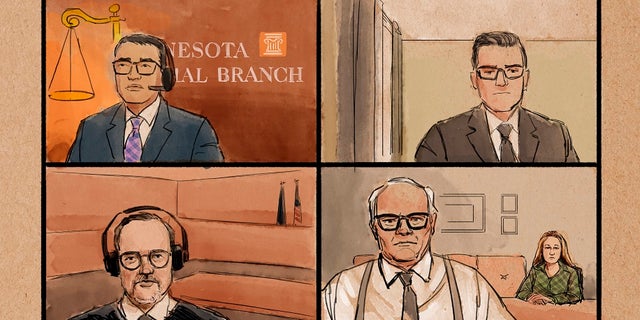 A courtroom sketch shows former Brooklyn Center police Officer Kim Potter, lower right, background, at her first court appearance along with her attorney Earl Gray, over Zoom on Thursday, in the traffic-stop shooting death of Black motorist Daunte Wright in Brooklyn Center, Minn. At the lower left is Hennepin County Judge Paul Scoggin, while other unidentified court personnel are seen at the top left and right. (Cedric Hohnstadt via AP)