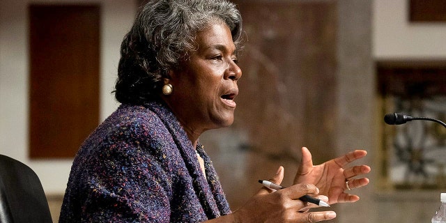 United States Ambassador to the United Nations nominee Linda Thomas-Greenfield testifies during for her confirmation hearing on Jan. 27, 2021. (Michael Reynolds/Pool via AP)