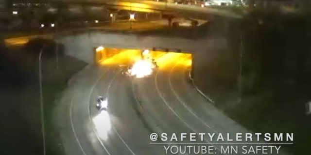 Video of the incident showed a vehicle traveling on I-94 when it hits a guard rail near the entrance of Lowry Hill Tunnel in Minneapolis