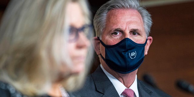 House Minority Leader Kevin McCarthy, R-Calif., and Republican Conference Chair Liz Cheney, R-Wyo., conduct a news conference in the Capitol Visitor Center after a meeting with the House Republican Conference on Wednesday, September 23, 2020. (Photo By Tom Williams/CQ-Roll Call, Inc via Getty Images)