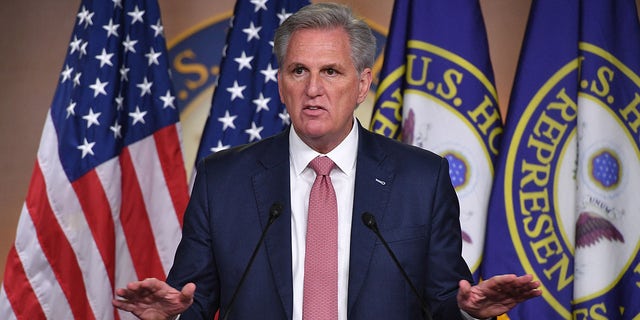 House Minority Leader, Kevin McCarthy, Republican of California, speaks during his weekly press briefing on Capitol Hill in Washington, D.C., on March 18, 2021. (Photo by MANDEL NGAN/AFP via Getty Images)