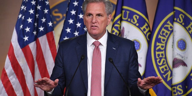 House Minority Leader, Kevin McCarthy, Republican of California, speaks during his weekly press briefing on Capitol Hill in Washington, D.C., on March 18, 2021. (Photo by MANDEL NGAN/AFP via Getty Images)