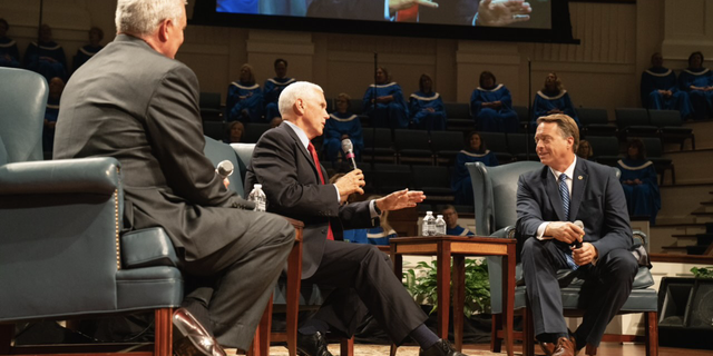 Former Vice President Mike Pence takes part in a "fireside chat" with approximately 400 pastors gathered at the First Baptist Church of Columbia in Columbia, South Carolina, on April 29, 2021.