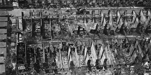 The three blocks on either side of Osage Street in Philadelphia were burnt to the ground as a result of a shootout and bombing during a police confrontation with MOVE in 1985.