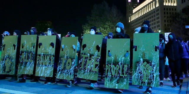 Demonstrators gathered at the Columbus Division of Police Headquarters building and then marched through downtown on Wednesday evening, protesting the death of Ma'Khia Bryant.