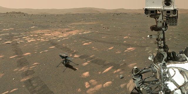Le rover Perseverance Mars de la NASA a pris un selfie avec l'hélicoptère Ingenuity, vu ici à environ 3,9 mètres du rover.  Cette image a été prise par la caméra WASTON sur le bras robotique du rover le 6 avril 2021, le 46e jour martien, ou sol, de la mission.Crédit: NASA / JPL-Caltech / MSSS
