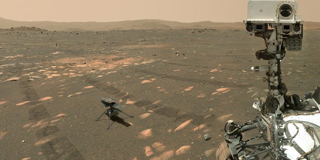 Le rover Perseverance Mars de la NASA a pris un selfie avec l'hélicoptère Ingenuity, vu ici à environ 3,9 mètres du rover.  Cette image a été prise par la caméra WASTON sur le bras robotique du rover le 6 avril 2021, le 46e jour martien, ou sol, de la mission.Crédit: NASA / JPL-Caltech / MSSS