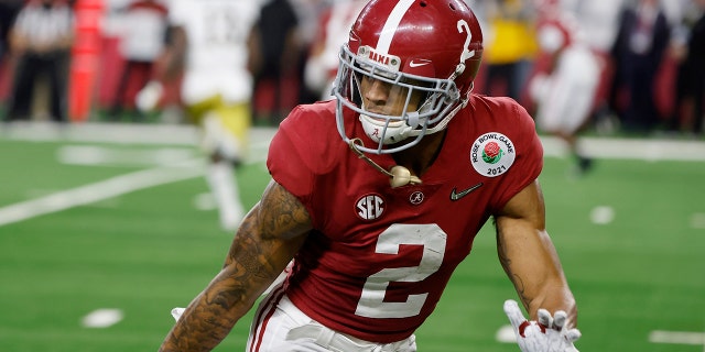FILE - In this Jan. 1, 2021, file photo, Alabama defensive back Patrick Surtain II (2) defends against Notre Dame during the Rose Bowl NCAA college football game in Arlington, Texas. (AP Photo/Michael Ainsworth, File)