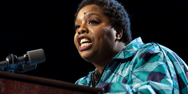 Black Lives Matter co-founder Patrisse Cullors speaks at a campaign rally for Democratic presidential candidate Senator Bernie Sanders. (Photo by Ronen Tivony/Sipa USA)