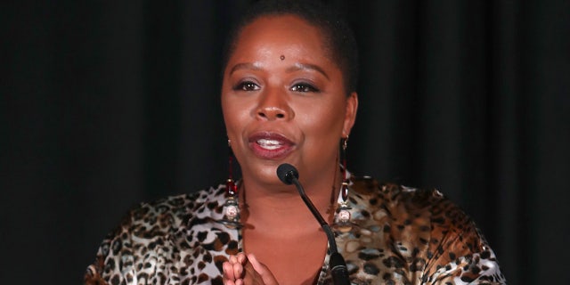 Patrisse Cullors speaks at the NILC Courageous Luminaires Awards on Oct. 3, 2019, in Los Angeles, California.