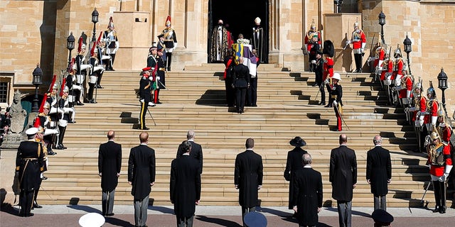 A minute of silence is observed at St George's Chapel for the funeral of Britain's Prince Philip inside Windsor Castle in Windsor, England, Saturday, April 17, 2021.