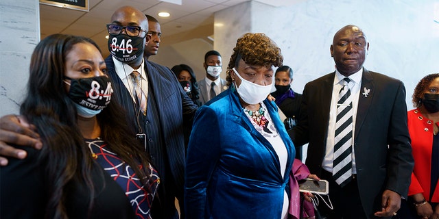 From left, Keeta Floyd, her husband Philonise Floyd, brother of George Floyd who was killed by Minneapolis police, Gwen Carr, mother of Eric Garner who was killed by a New York Police Department officer using a prohibited chokehold during his arrest, and civil rights attorney Ben Crump, who represented the family George Floyd, talk to reporters following a meeting with Sen. Tim Scott, R-S.C., who is working on a police reform bill in the Senate, at the Capitol in Washington, Thursday, April 29, 2021. 