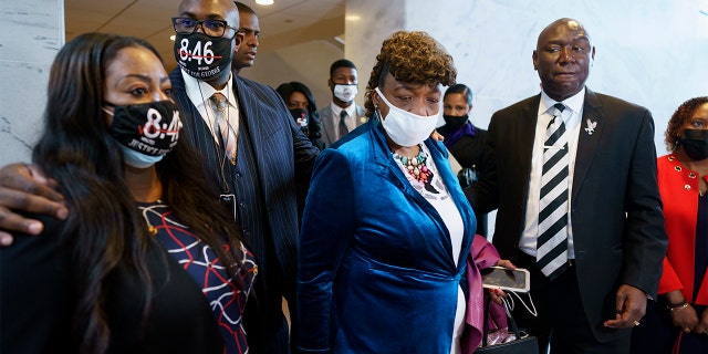 From left, Keeta Floyd, her husband Philonise Floyd, brother of George Floyd who was killed by Minneapolis police, Gwen Carr, mother of Eric Garner who was killed by a New York Police Department officer using a prohibited chokehold during his arrest, and civil rights attorney Ben Crump, who represented the family George Floyd, talk to reporters following a meeting with Sen. Tim Scott, R-S.C., who is working on a police reform bill in the Senate, at the Capitol in Washington, Thursday, April 29, 2021.