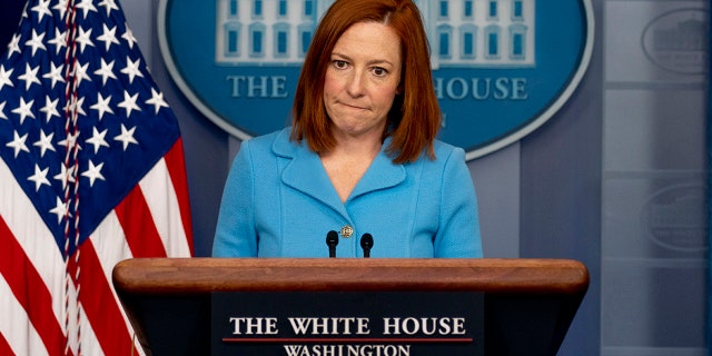 White House press secretary Jen Psaki takes a question at a press briefing at the White House, Thursday, April 8, 2021, in Washington. Psaki Monday had one of her most contentious exchanges with a reporter yet over the refugee cap. (AP Photo/Andrew Harnik)
