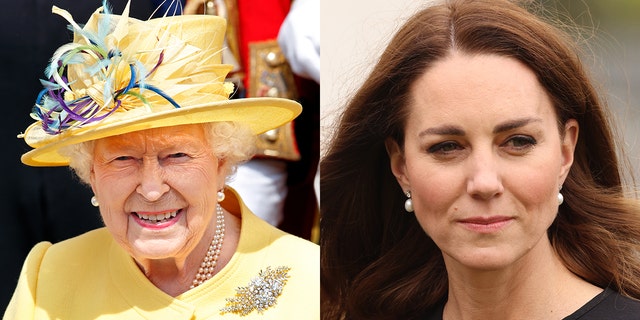 Kate Middleton, right, paid a subtle tribute to Queen Elizabeth, left, on her 95th birthday by donning a pair of diamond and pearl earrings she borrowed from the monarch, who first wore the heirloom earrings in 1977, when she celebrated her silver jubilee and has loaned them to the Duchess of Cambridge on various occasions.
