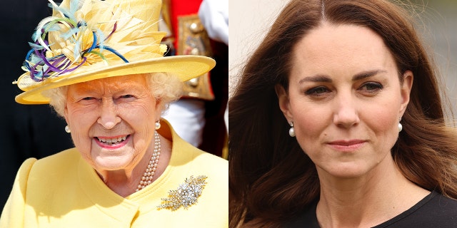 Kate Middleton, right, paid a subtle tribute to Queen Elizabeth, left, on her 95th birthday by donning a pair of diamond and pearl earrings she borrowed from the monarch, who first wore the heirloom earrings in 1977 when she celebrated her silver jubilee and has loaned them to the Duchess of Cambridge on various occasions.