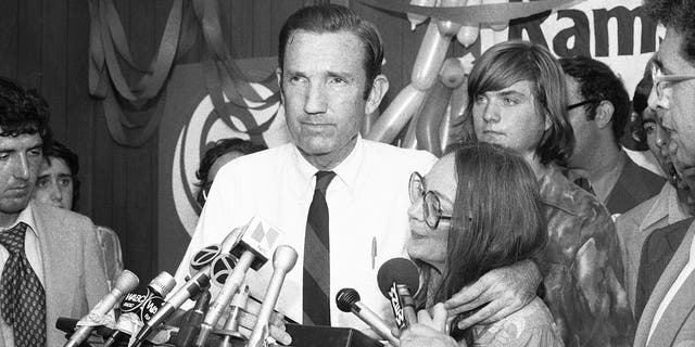 Ramsey Clark, Democratic candidate for the U.S. Senate, center, speaks at Lincoln Center in New York City, Sept. 14, 1976. (Associated Press)