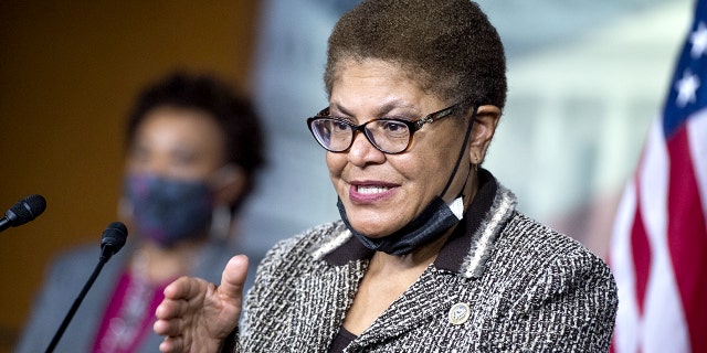 U.S. Rep. Karen Bass, D-Calif., talks to reporters Sept. 23, 2020. (Getty Images)